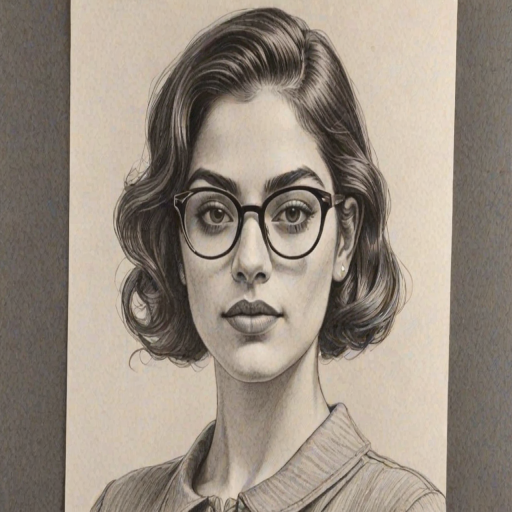 Magnificent Inbar Lavi, pencil sketch, portrait of Resplendent woman 1933s in glasses, hair style beatnik, outline, clear lines, fine lines, 8k