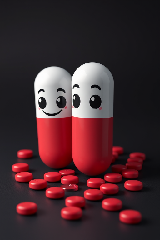 Create a 3D render of cartoonish pill capsules with cartoon eyes, one smiling and one with a sleepy expression, scattered red pills on a dark gradient background, using a DSLR camera with a 50mm lens, f/1.8 aperture, ISO 100, and soft diffused lighting for enhanced detail and depth.