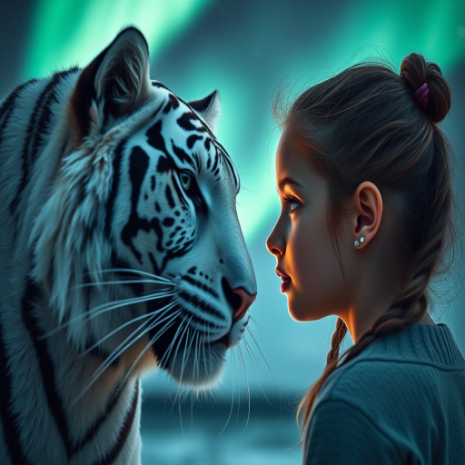 Create a close-up portrait of a girl facing a majestic white tiger, with intricate details on their faces, illuminated by an aurora in the night sky, captured with a Canon EOS R5, 85mm f/1.2 lens, ISO 100, aperture f/1.2, and a shallow depth of field to enhance the dreamy quality of the image.