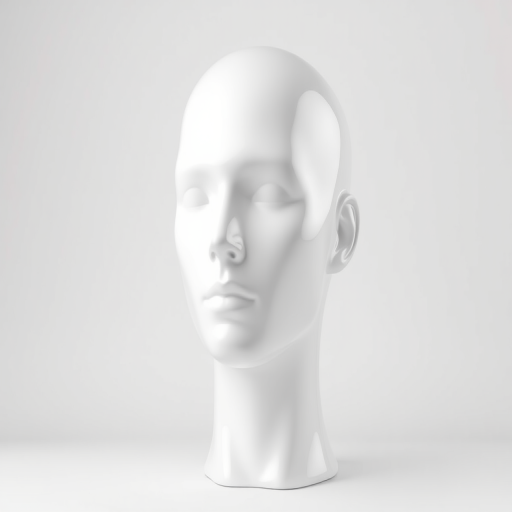 Create a hyper-realistic 3D render of a white mannequin head, with a clean background, using a DSLR camera type, f/2.8 aperture, ISO 100, 50mm lens, and soft diffused lighting to enhance detail and texture.