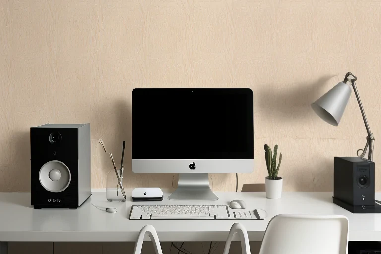 A Modern Workspace Featuring a Sleek Computer and Stylish Decor Elements