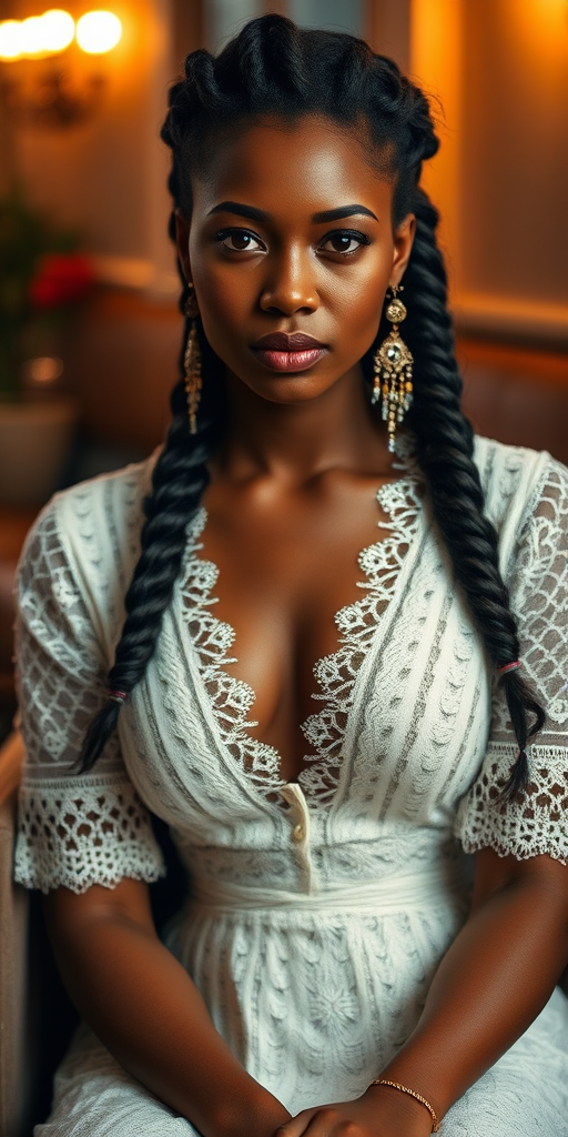 Create a portrait of a refined and elegant Fijian woman seated in a sophisticated setting. She has long, wavy hair styled in two thick braids that are pulled over her shoulders. She wears a white, lace gown with intricate patterns, featuring a deep V-neckline and short sleeves. The dress exudes a vintage charm with its delicate lacework. She is adorned with ornate, dangling earrings that add a touch of glamour to her appearance. The background is softly lit, with warm, ambient lighting that creates a cozy and inviting atmosphere. Her expression is poised and serene, capturing a sense of grace and elegance.