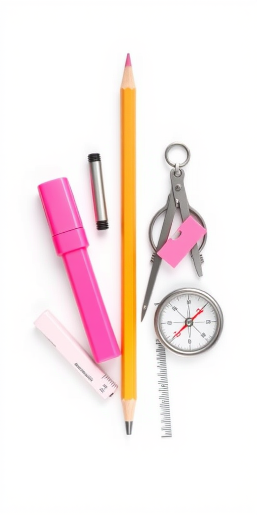 Create a high-quality illustration of a pencil, pink highlighter, sharpener, compass, eraser, and ruler arranged artistically on a plain background, using a DSLR camera with a 50mm lens, f/2.8 aperture, and 300 dpi resolution for sharp detail.