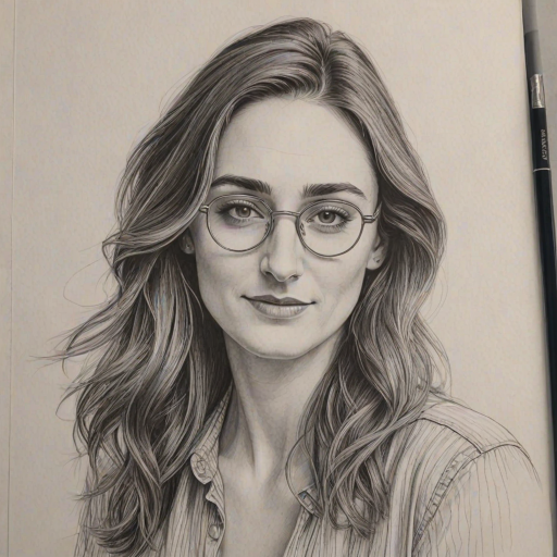 Stunning Sara Bareilles, pencil sketch, portrait of Enticing woman 1977s in glasses, hair style beatnik, outline, clear lines, fine lines, 8k
