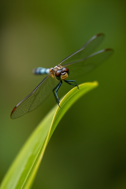 a close-up photograph of a dragonfly perched on a green leaf, soft diffused lighting, macro lens, f/8 aperture, 1/200s shutter speed, ISO 200, taken with a DSLR camera from a slightly elevated angle to emphasize the details in the wings and body