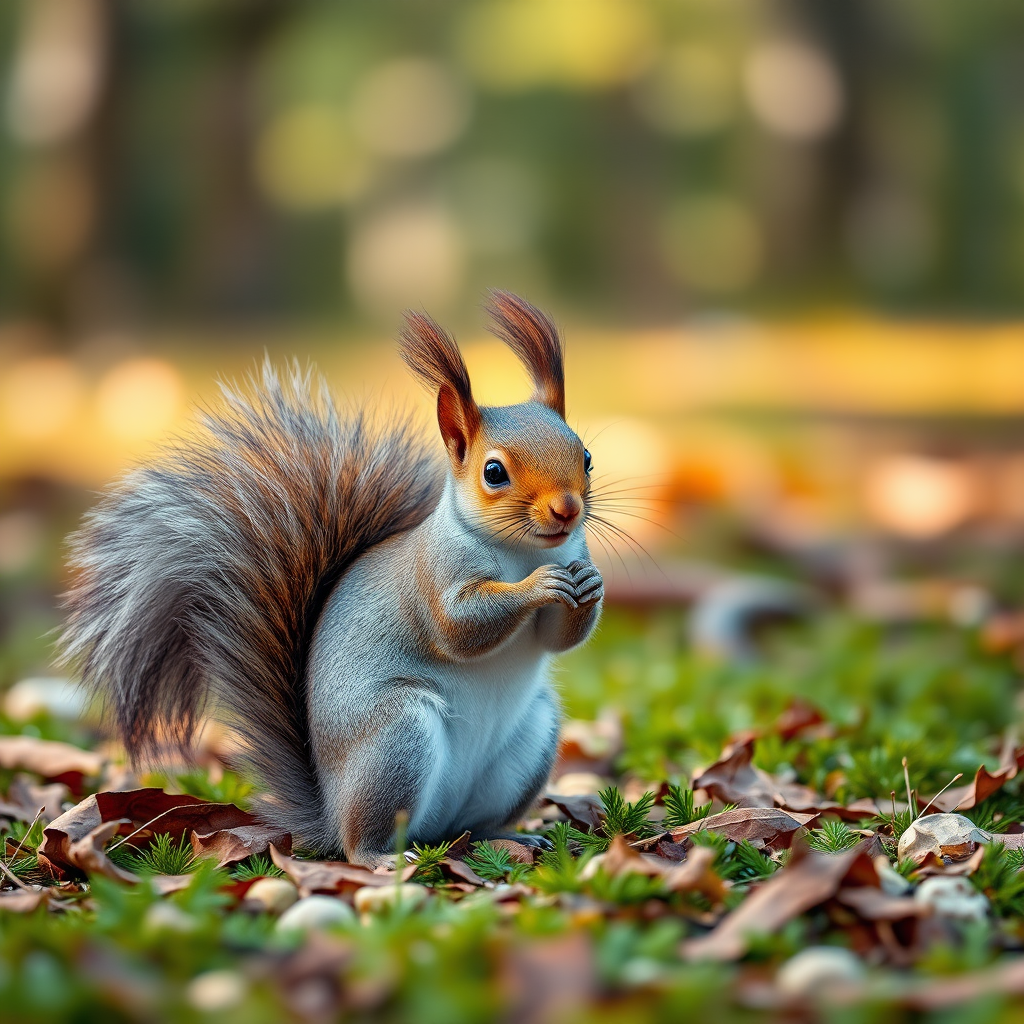 Create a hyper-realistic image of a cute squirrel standing in a forest setting, using a Canon EOS 5D Mark IV, f/2.8 aperture, 50mm lens, ISO 100, shot in natural light to enhance texture and color details.