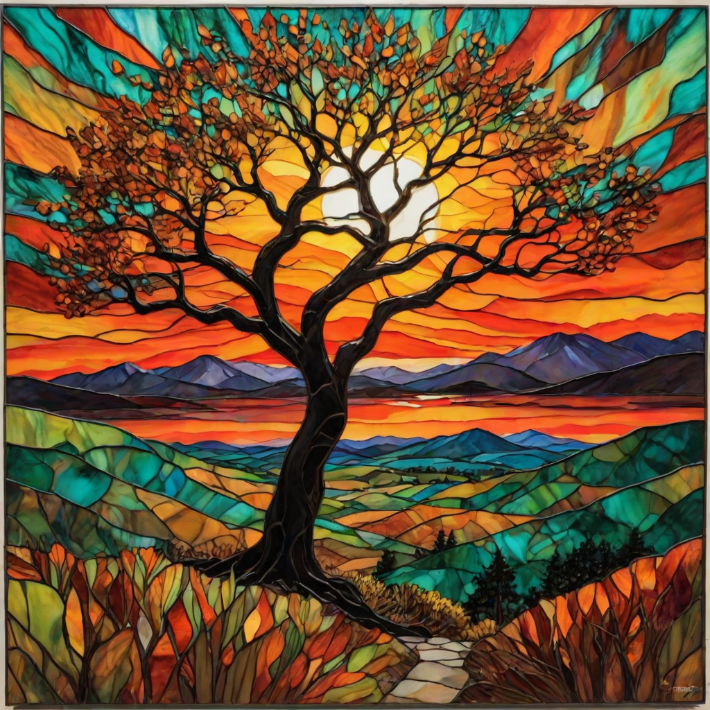 A vibrant abstract painting on Tiffany Glass, blending acrylic and alcohol ink techniques, captures a dramatic sunset over rolling hills. The artwork features a textured, rocky foreground in green and brown, layered abstract hills, and a striking sunset in rich oranges, yellows, and reds. A solitary black tree with intricate branches contrasts against the fiery sky, creating a dynamic and expressive portrayal of a breathtaking natural scene.