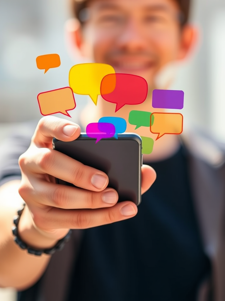 Create an image of a person holding a smartphone with colorful speech bubbles emerging from it, using a Canon EOS R5 camera at f/2.8 aperture, ISO 100, with a 50mm lens, shot from a close-up angle, in bright, natural lighting, and a shallow depth of field to emphasize the phone and speech bubbles.