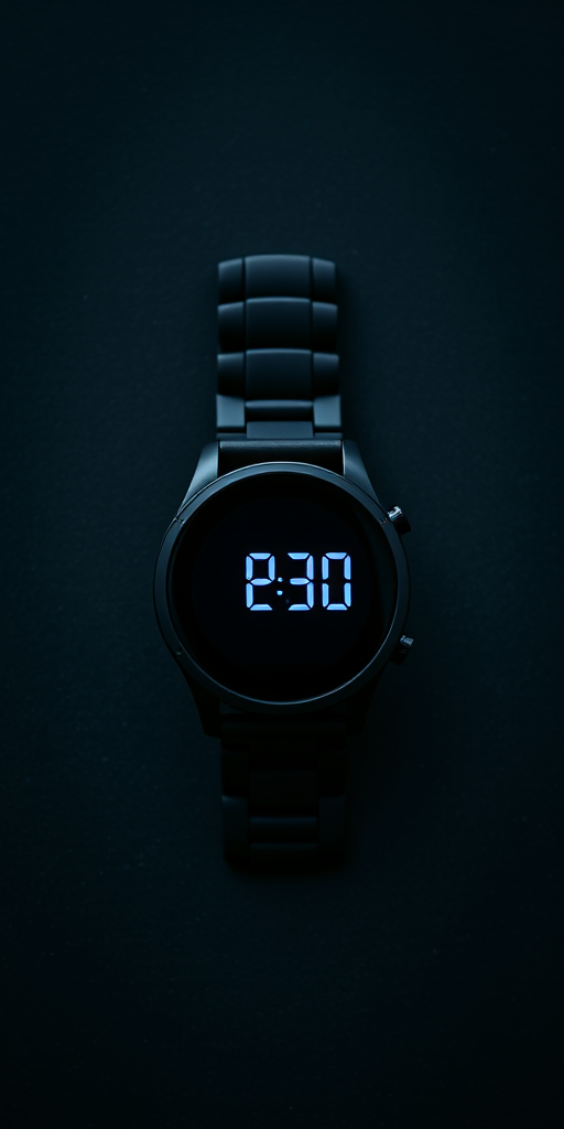 black smartwatch with glowing digital display on a textured dark background, shot with a DSLR camera, 50mm lens, aperture f/2.8, ISO 100, shutter speed 1/60s, top-down view, natural lighting
