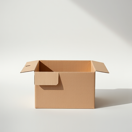 Create a high-resolution image of a simple, open cardboard box centered on a plain background, using a DSLR camera set to f/8 aperture, 50mm lens, ISO 100, with soft natural lighting to enhance depth and shadow details.