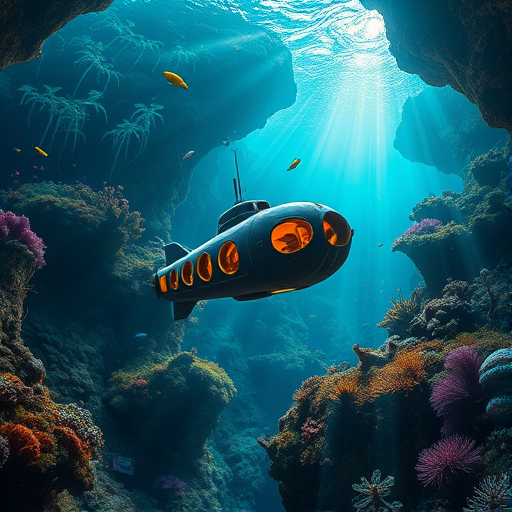 Create a highly detailed digital illustration of a submarine exploring a vibrant underwater cavern, showcasing rich marine life and intricate coral formations with dramatic lighting, using a Canon EOS 5D Mark IV with a 24-70mm f/2.8 lens, at ISO 200, aperture f/8, and a shutter speed of 1/125 seconds, in a wide-angle perspective.
