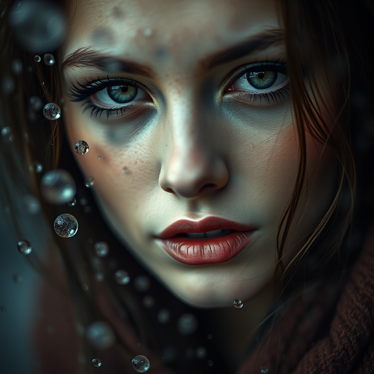 Regenerate an abstract portrait of a woman's face partially obscured by raindrops and digital elements, using a DSLR camera with a 50mm lens, f/1.8 aperture, ISO 100, 1/125 sec exposure, in soft focus with muted colors and high contrast, capturing a cinematic style with a shallow depth of field.
