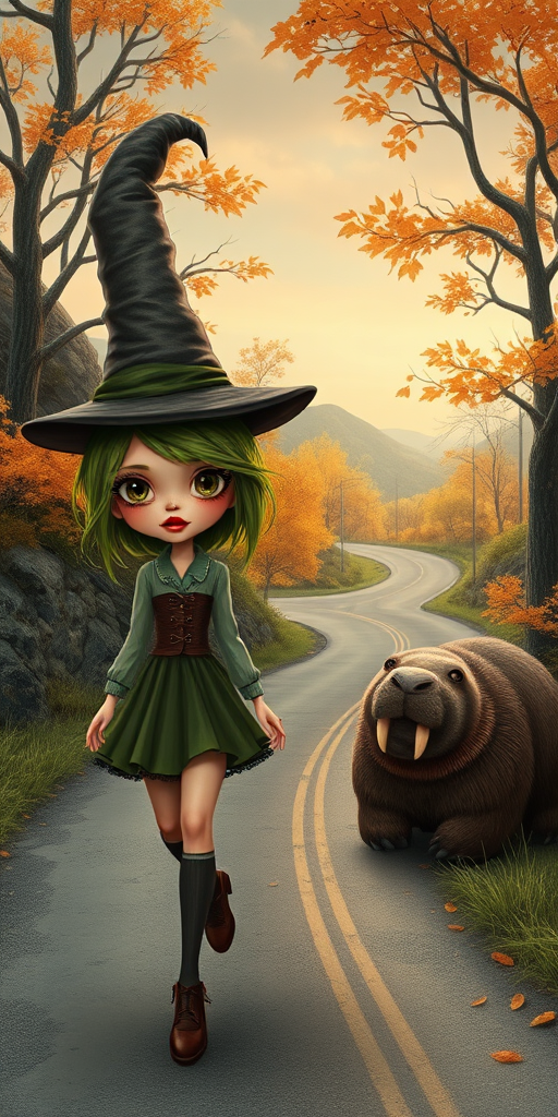 digital art fantasy depicting a strange girl with green hair, long eyelashes, brown lipstick and a tall hat walking along a winding road on an autumn afternoon, an Walrus smiles as she passes