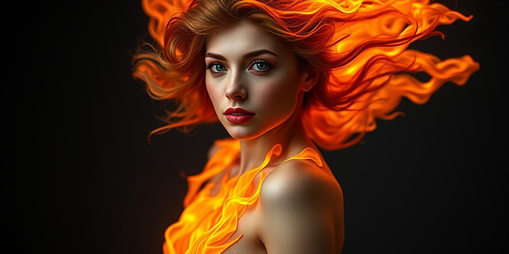 Generate a hyper-realistic portrait of a woman with fiery hair and a body resembling flames, illuminated by soft light, captured with a DSLR camera at f/1.8, ISO 100, 50mm lens, shooting from a low angle to emphasize the dramatic flames against a dark, moody background.