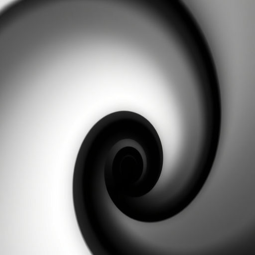 Create a high-contrast black and white spiral vortex effect with smooth gradients, using a DSLR camera with a 50mm lens, aperture set to f/8, ISO 100, shot from a direct overhead angle, and a well-lit studio environment to enhance sharpness and clarity.