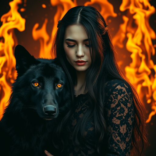 A woman with long dark hair, wearing a black lace dress that seamlessly blends into her skin with intricate floral patterns. She is in the foreground, with a black wolf beside her; its fur is midnight black, and it has glowing, intense, orange eyes that match hers. Her eyes are partially closed with burning embers above them, giving a fiery and mystical aura. The background is engulfed in tall, roaring flames, contributing to an overall dark and supernatural atmosphere. The colors are intense, predominantly black, fiery orange, and deep reds, with sharp contrast highlighting the mysterious and fierce theme. The flames are bright and dynamic, casting dramatic light and shadow, illuminating the woman and wolf while leaving parts in near darkness. The image evokes a sense of otherworldly power and connection between the woman and the wolf.