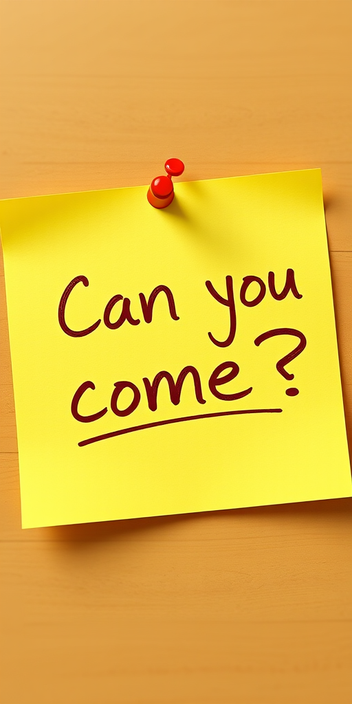 Yellow post-it note, hand written in brown pen text "Can you come??", 3d, hd, hyper realistic,