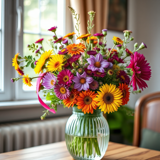 A vibrant bouquet of assorted wildflowers in a clear, ribbed glass vase, placed on a wooden table near a sunlit window, soft natural lighting, shallow depth of field, ISO 100, aperture f/2.8, 50mm lens, DSLR camera.