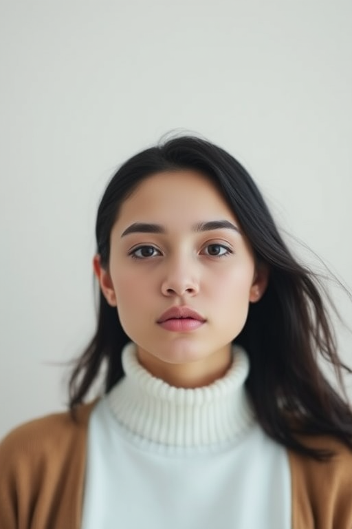 Create a minimalist portrait with a soft-focus background, camera settings: aperture f/2.8, shutter speed 1/60s, ISO 200, camera view: frontal, camera style: portrait mode, camera type: DSLR.