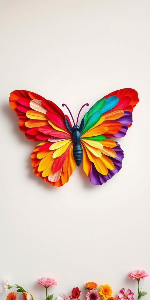 Create an image of a large butterfly made entirely of colorful flower petals. The butterfly should have vibrant shades of red, blue, yellow, green, and purple, with intricate details in the petals. The background should be neutral to emphasize the butterfly, and include some flowers at the bottom to enhance the composition.