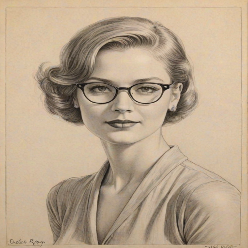 Elegant Debbie Ryan, pencil sketch, portrait of Exquisite woman 1932s in glasses, hair style beatnik, outline, clear lines, fine lines, 8k
