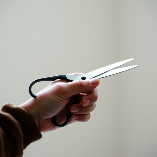 Create a high-resolution image of a hand holding a pair of scissors with the background blurred, using a DSLR camera at f/2.8, ISO 100, 50mm lens, and a soft natural light source for even illumination.