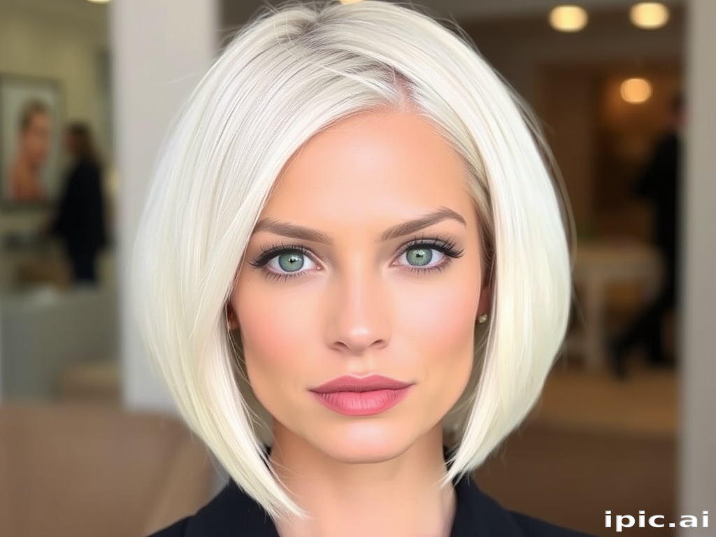 Elegant hair style showcasing a sleek platinum blonde bob with razor-sharp edges and a subtle side-swept fringe framing the face beautifully