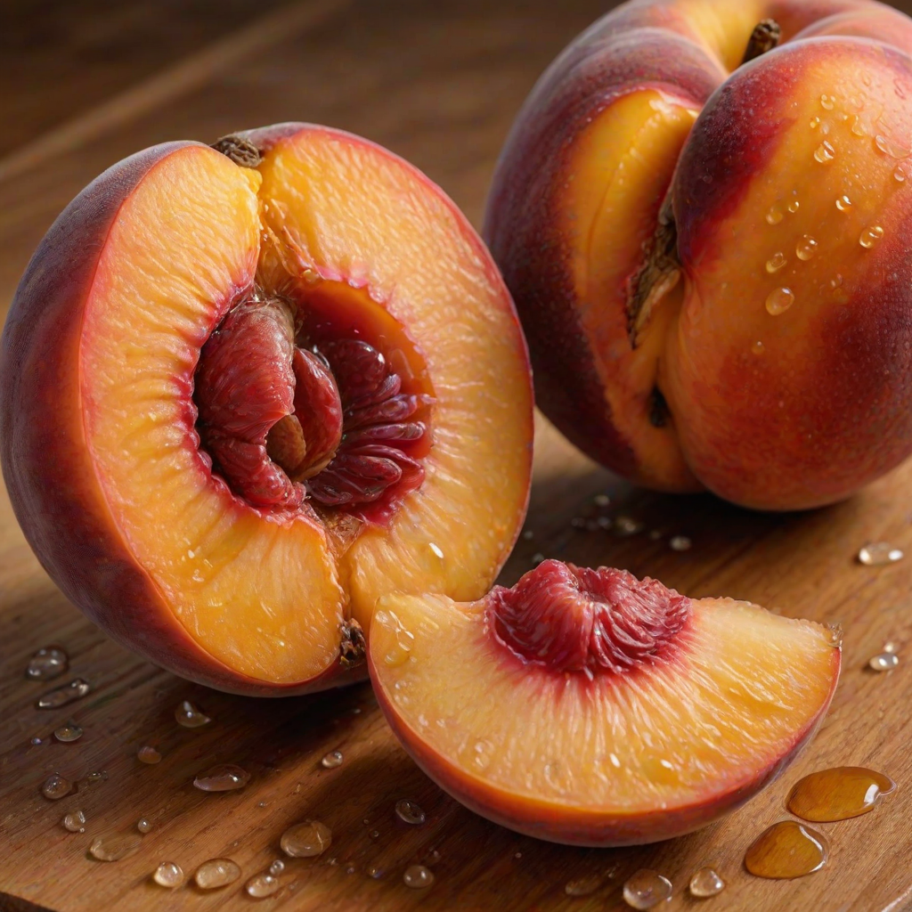 A hyperdetailed photorealistic macro color saturated high resolution image of a peach cut in half, with the peach pit being a highly detailed sculpted woman's face with her eyes open and peach-colored irises. The face has a marble texture. The image includes condensation, moisture, and peach juice. The peach is on a wooden cutting board with a small fruit knife nearby, also covered with juice.