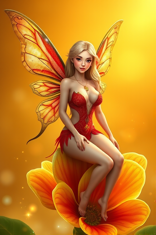 A digital artwork features a winged fairy with delicate Salmon butterfly wings, adorned with intricate Juniper andFern patterns. She is seated on a vibrant Lime flower, wearing a revealing red two-piece outfit with sparkling beadwork. Her fair skin, long blonde hair, and gold jewelry add to her ethereal appearance. The background is a warm, golden gradient, creating a magical atmosphere. Small glowing orbs and sparkles surround the flower, enhancing the enchanting, highly detailed, and realistic scene.