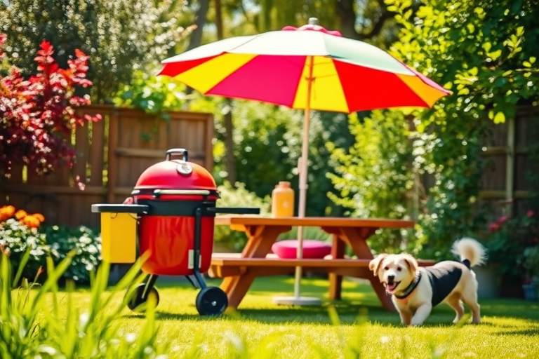 Create a vibrant garden scene featuring a picnic area with a red grill, colorful umbrella, and a playful dog, captured in a bright afternoon light using a DSLR camera with a 50mm lens at f/2.8, ISO 100, and a slight tilt-shift effect for depth, emphasizing the lush greenery and cheerful atmosphere.