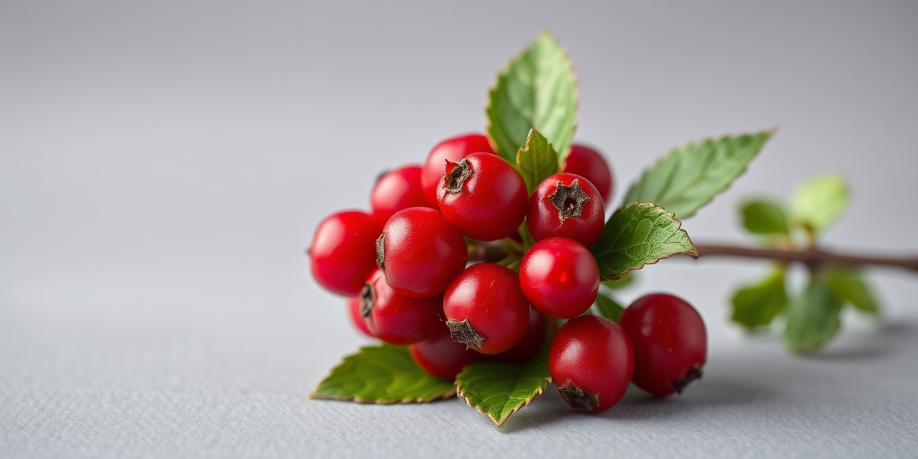 create a high-resolution image of a cluster of glossy red cranberries with vibrant green leaves on a soft gray gradient background, using a Canon EOS R5 camera, aperture f/2.8, shutter speed 1/125s, ISO 100, macro lens, soft focus style