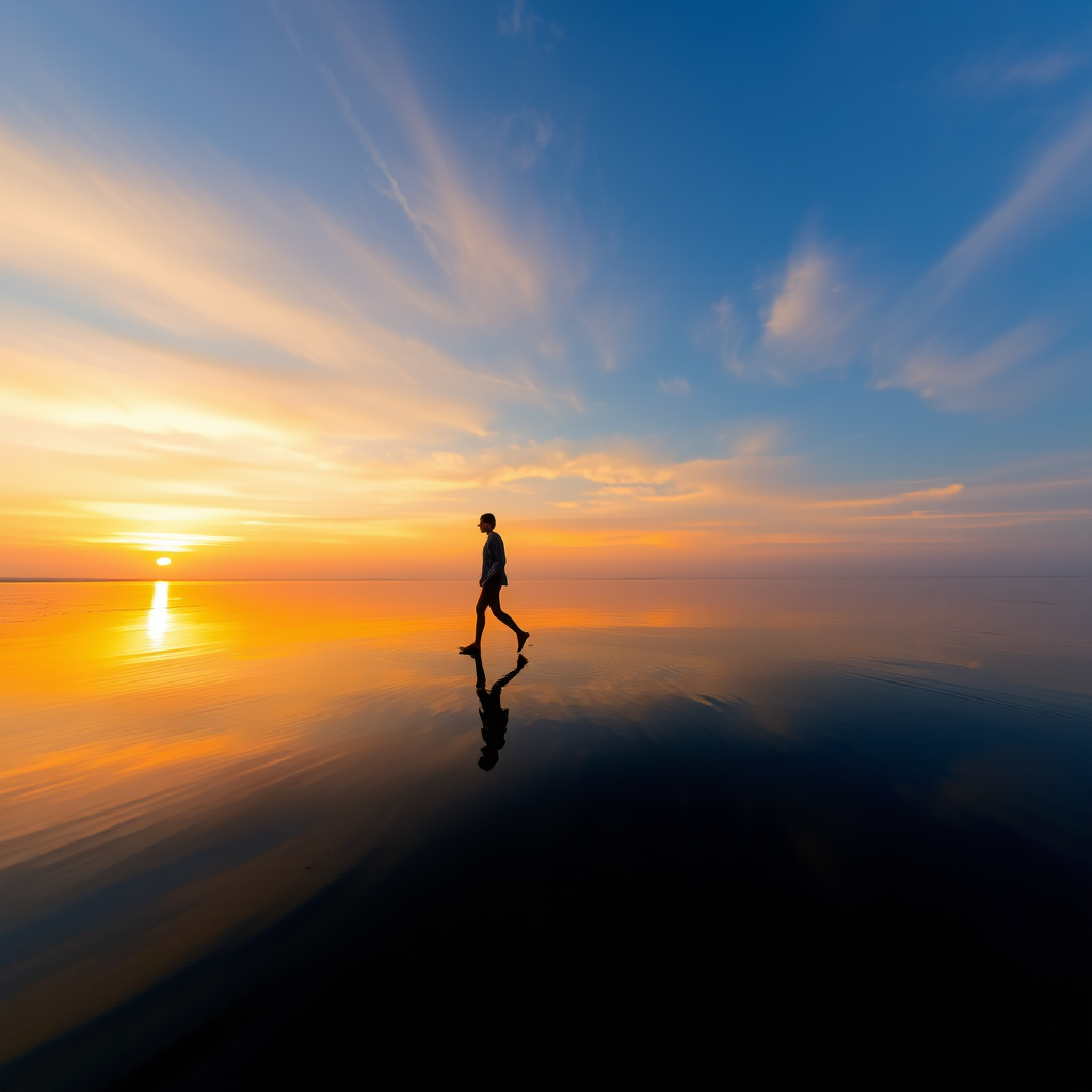 Create a serene image of a figure walking on water at sunrise with vibrant colors reflecting off the surface, using a Canon EOS R5, ISO 100, aperture f/8, shutter speed 1/200 sec, wide-angle lens, and a soft focus for a dreamlike quality.