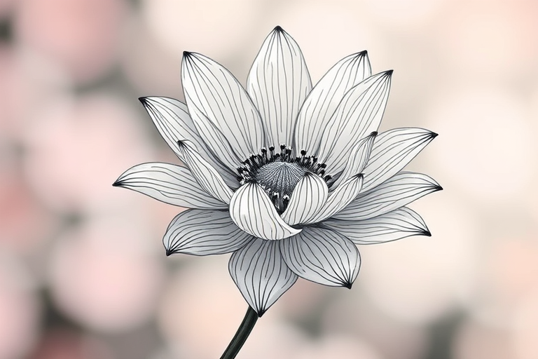 create a hyper-detailed illustration of a flower in a realistic style with intricate line work against a soft-focus background, using a DSLR camera with a 50mm lens at f/2.8, ISO 100, natural lighting, and a shallow depth of field for enhanced image quality