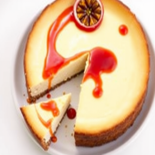 A delicious cheesecake with a creamy topping and passion fruit drizzle on a white plate with a slice cut out, set against a light background.