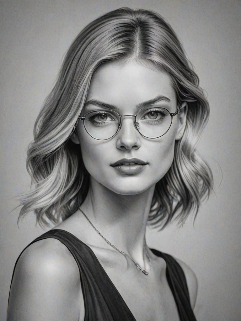 Resplendent Martha Hunt, pencil sketch, portrait of Magnificent woman 1925s in glasses, hair style beatnik, outline, clear lines, fine lines, 8k