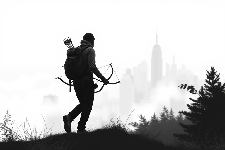 Create a high-contrast black and white illustration of a solitary hiker with a backpack and bow, walking through a stylized urban landscape shrouded in mist, captured with a 50mm lens at f/2.8, shutter speed 1/125s, ISO 100, shot from a low angle to emphasize the figure against the blurred city skyline in the background.