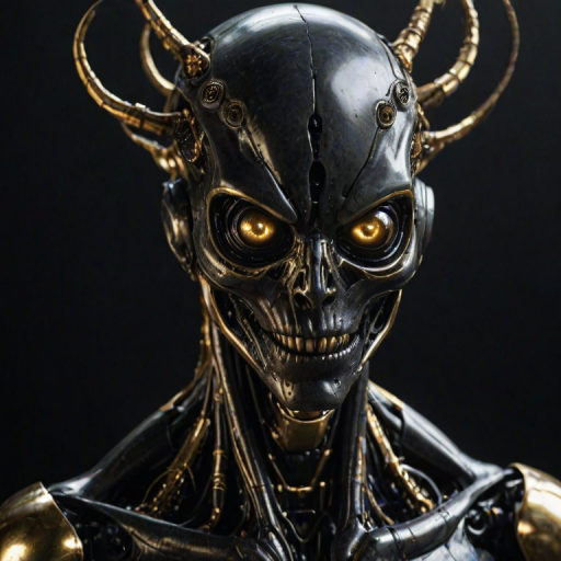 robotic body,made out of black mate steel ,golden cracks , black eyes,f ocused lighting, crown  on head, dark background, close up, portret ,alien  looking creature, tentacles coming out of head