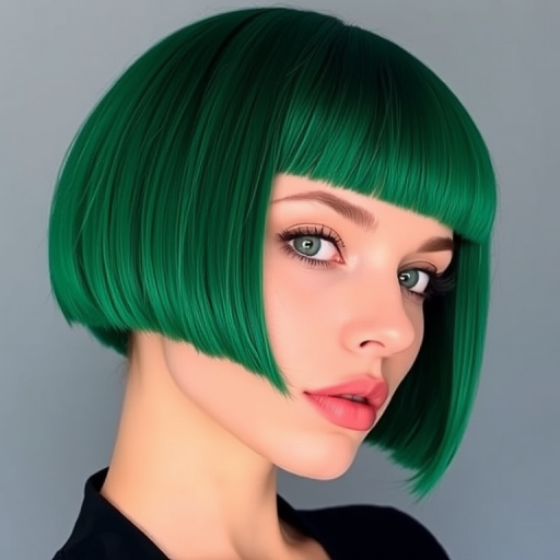 Striking emerald green bob with blunt bangs, styled sleek and straight for a polished and futuristic appearance, commanding attention