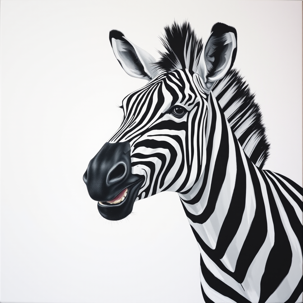 Abstract black and white acrylic portrait of an over exaggerated laughing (Zebra). Minimalism style. White background.