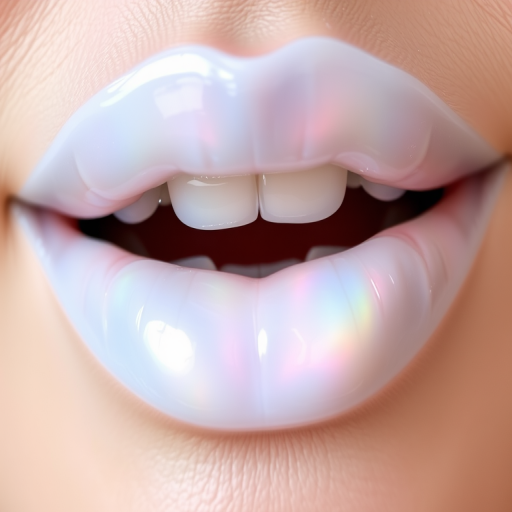 Opalescent white lips with a prismatic rainbow shift and glossy finish, titled "Ethereal Moonstone Aura"