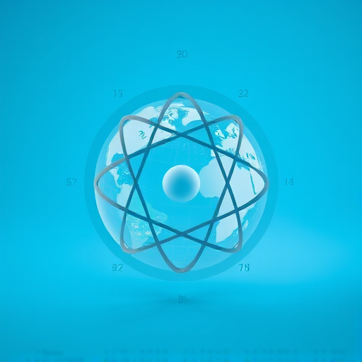 Create a high-resolution image of a transparent atom symbol encircling a globe, centered on a smooth blue background, using a DSLR camera with a 50mm lens, aperture set to f/1.8, ISO 100, and a slight vignette effect to enhance depth.