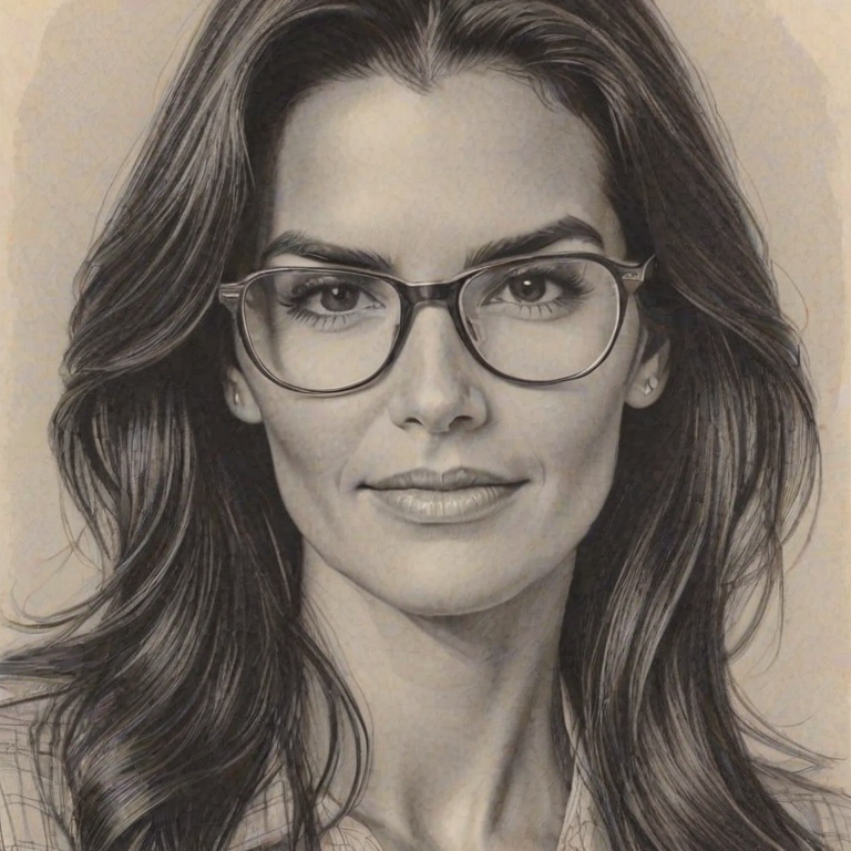 Charming Angie Harmon, pencil sketch, portrait of Fetching woman 1978s in glasses, hair style beatnik, outline, clear lines, fine lines, 8k
