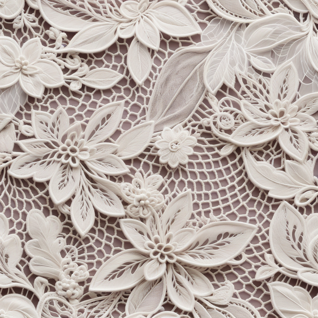 Delicate White Floral Lace Pattern with Intricate Details and Textures.