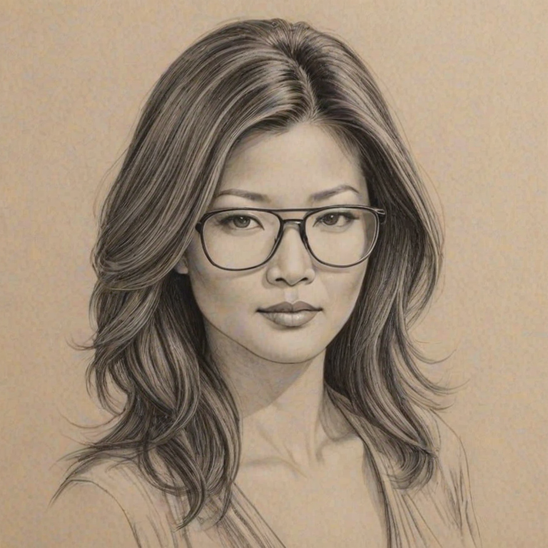Captivating Kelly Hu, pencil sketch, portrait of Attractive woman 1926s in glasses, hair style beatnik, outline, clear lines, fine lines, 8k