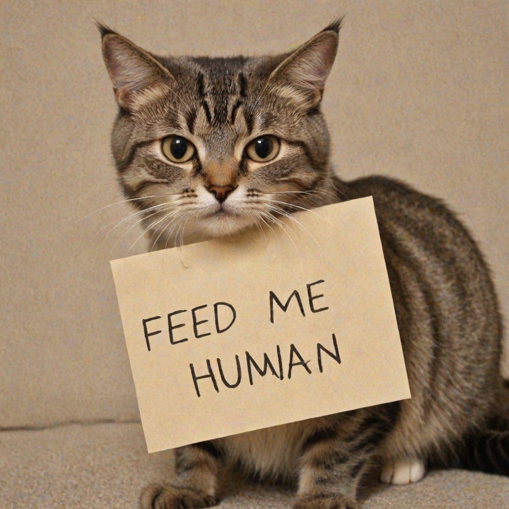 cat holding a note which says "FEED ME HUMAN"