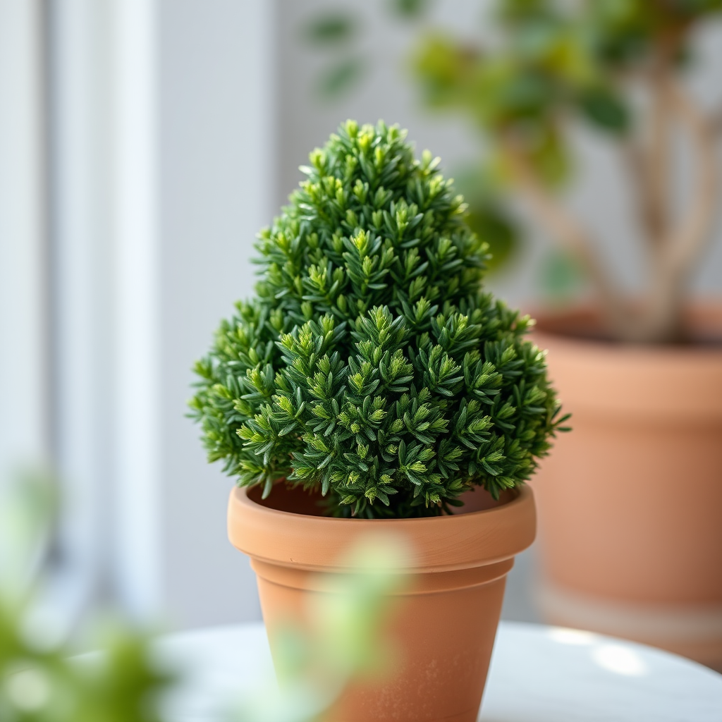 Create a high-resolution image of a topiary plant in a terracotta pot, centered, with natural lighting, using a DSLR camera at f/4 aperture, 50mm lens, ISO 100, and a shallow depth of field to enhance focus on the plant.
