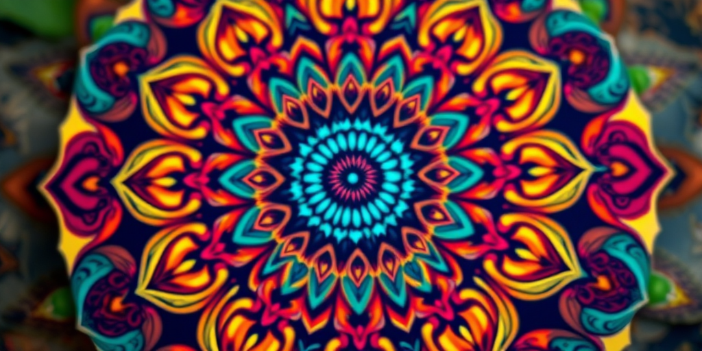 Create a vibrant mandala with intricate patterns and rich colors, using a macro lens at f/2.8 for shallow depth of field, ISO 100, and soft natural lighting, captured from a top-down perspective.
