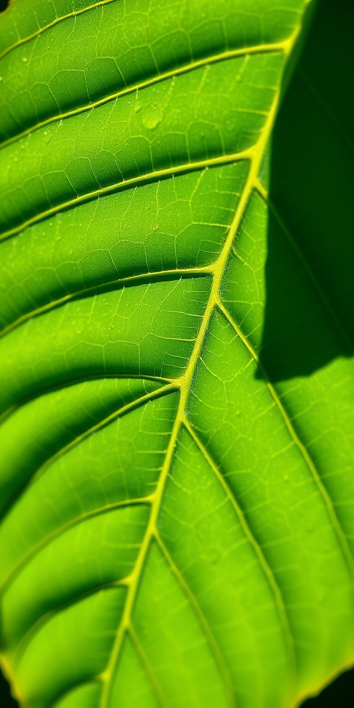 Generate a high-resolution illustration of a green leaf with realistic textures and details, shot with a macro lens at f/2.8, ISO 100, and a focal length of 50mm, in natural sunlight to enhance color vibrancy and shadow depth.