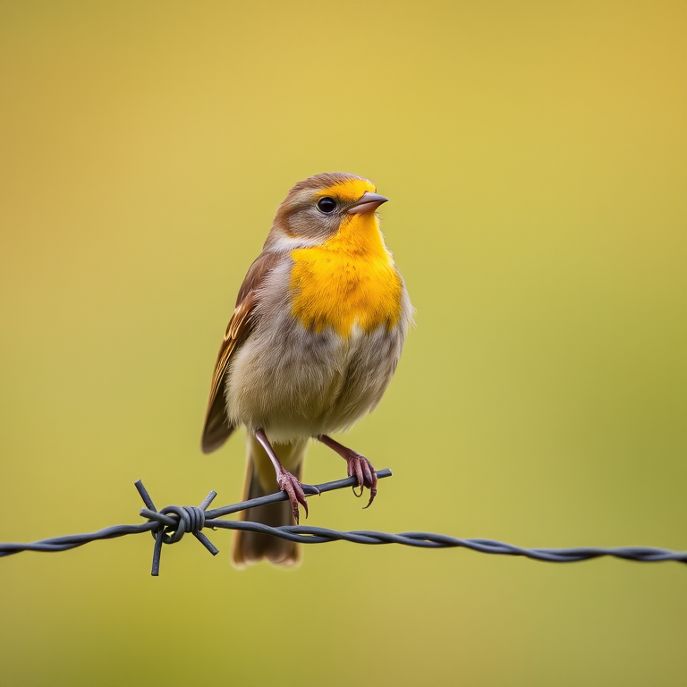 A close-up of a yellow and brown bird perched on a barbed wire fence, soft natural background, ISO 400, f/4, 1/500s, 200mm lens, shot in natural light with a DSLR camera.