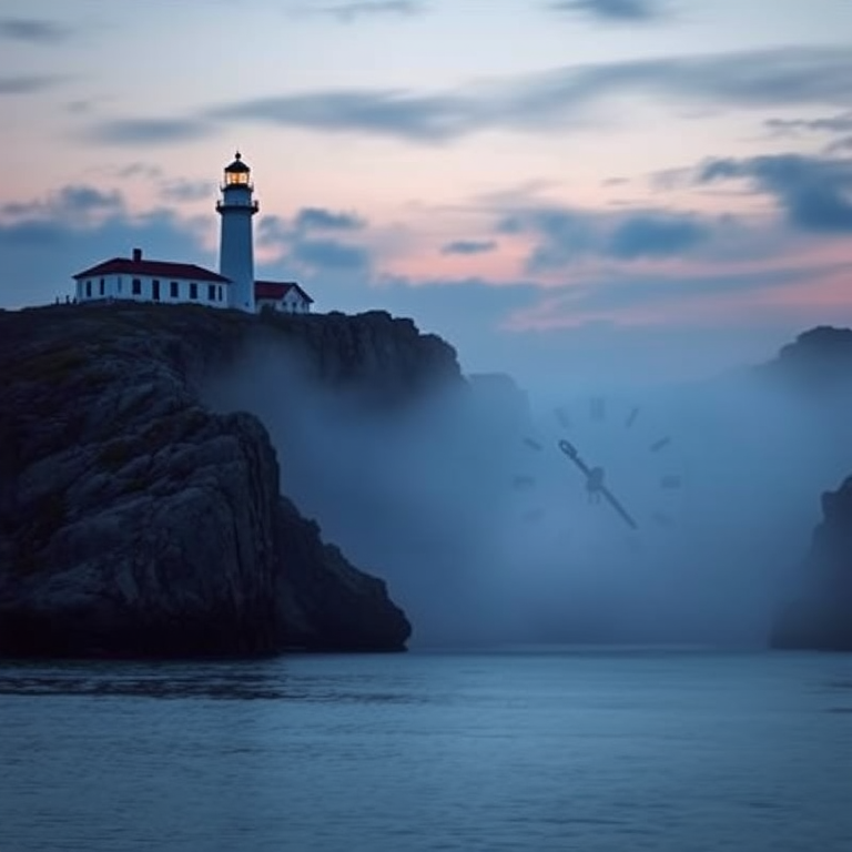 Create a serene landscape at twilight featuring two lighthouses on rocky cliffs, a large clock face emerging from mist over serene water, use a DSLR camera with a 24mm lens, aperture f/8, shutter speed 1/100 sec, ISO 200, shot in portrait mode with a soft focus background.